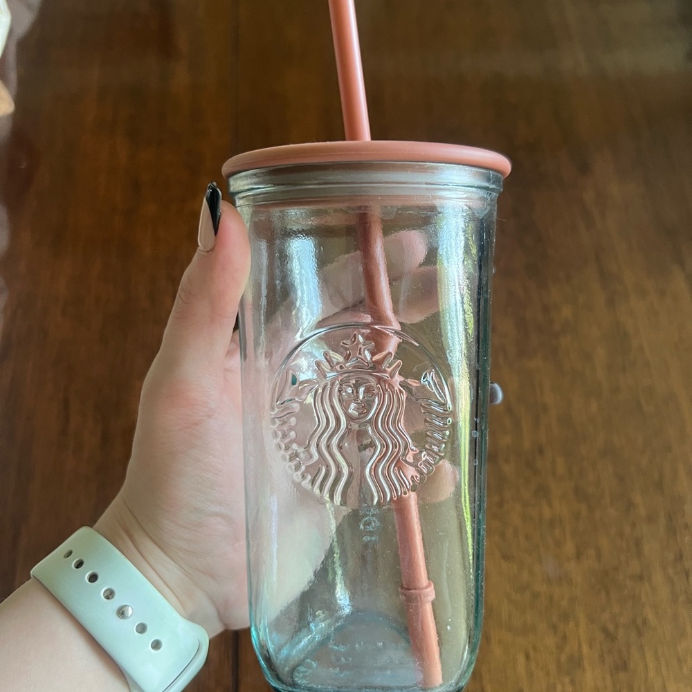 Starbucks Embossed Glass Tumbler with Pink Lid and Straw
